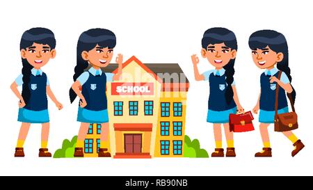 Asian Girl Kid Poses Set Vector. Primary School Child. Life, Emotional, Pose. For Web, Brochure, Poster Design. Isolated Cartoon Illustration Stock Vector