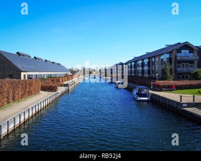 View of the contemporary architecture and water canals of the Christianshavn district in Copenhagen, Denmark Stock Photo