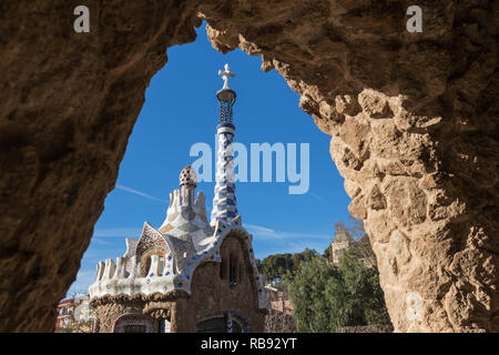 Barcelona, Spain - March 28, 2018: Famous Casa del Guarda in Park Guell in Barcelona, Spain. Top view Stock Photo