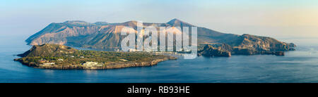 Aerial view of the Island of Vulcano from Lipari in the Aeolian Islands archipelago, Thyrrenian Sea, Sicily, Italy Stock Photo