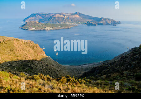 Aerial view of the Island of Vulcano from Lipari in the Aeolian Islands archipelago, Thyrrenian Sea, Sicily, Italy Stock Photo