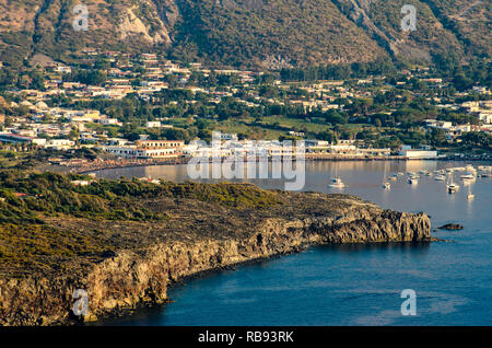 Aerial view of the Island of the black beach of Vulcano from Lipari in the Aeolian Islands archipelago, Thyrrenian Sea, Sicily, Italy Stock Photo