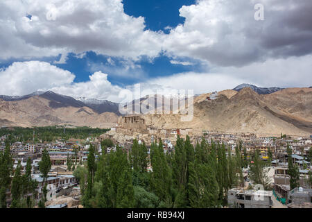 Beautiful view of Leh city and green Indus valley with the Leh palace in the middle, Jammu and Kashmir, India. Stock Photo