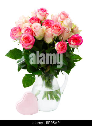 bouquet of fresh pink roses with gift isolated on white