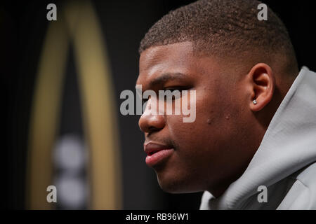 January 5, 2019 - Santa Clara, California, U.S - January 05, 2019 - San Jose, California, U.S. - Alabama Crimson Tide defensive lineman Quinnen Williams (92) speaks with media during media day at the SAP Center prior to the College Football Playoff National Championship game between the Clemson Tigers and the Alabama Crimson Tide at Levi's Stadium, Santa Clara, California. (Credit Image: © Adam Lacy/ZUMA Wire) Stock Photo