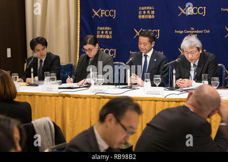 (190108) -- TOKYO, Jan. 8, 2019 (Xinhua) -- Nissan Motor Co.'s former Chairman Carlos Ghosn's lawyer Motonari Otsuru (1st R) shares information at a press conference after the hearing held by Tokyo District Court in Tokyo, Japan, Jan. 8, 2019. Nissan Motor Co.'s former Chairman Carlos Ghosn on Tuesday appeared in public for the first time since his arrest on Nov. 19 at a Tokyo court where he robustly maintained his innocence regarding allegations of financial misconduct that has led to his lengthy detention. At the request of Ghosn and his lawyers, he was granted permission to voice his opinio Stock Photo