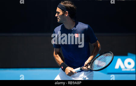 Melbourne, Australia. 8th January, 2019. Roger Federer of Switzerland attends a training session ahead of 2019 Australian Open at Melbourne Park in Melbourne, Australia, on Jan. 8, 2019. Australian Open Tennis Tournament will take place from Jan. 14 to 27. (Xinhua/Bai Xue) Credit: Xinhua/Alamy Live News Stock Photo