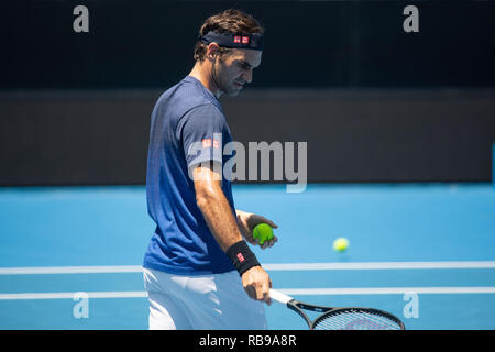 Melbourne, Australia. 8th January, 2019. Roger Federer of Switzerland attends a training session ahead of 2019 Australian Open at Melbourne Park in Melbourne, Australia, on Jan. 8, 2019. Australian Open Tennis Tournament will take place from Jan. 14 to 27. (Xinhua/Bai Xue) Credit: Xinhua/Alamy Live News Stock Photo