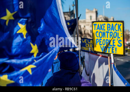 Westminster, London, UK. 8th Jan 2019. The SODEM, pro EU, protest contines outside Parliament as the vote on Theresa May's plan is confirmed for next week. Credit: Guy Bell/Alamy Live News Stock Photo