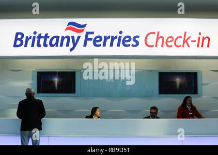 Portsmouth, UK. 8th Jan, 2019. Brittany Ferries Check-in at Portsmouth International Port terminal building at the Portsmouth International Port, Portsmouth, UK, Tuesday Jan. 8 2019. Leader of the Liberal Democrats Party, Vince Cable visited the port to learn about the pressure the port could be under as a result of No Deal Brexit.  Credit: Luke MacGregor/Alamy Live News Stock Photo