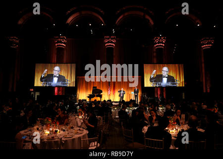 New York, USA. 7th Jan, 2019. A representative from Louisiana Economic Development speaks during the Chinese Lunar New Year of the Pig Gala in New York, the United States, Jan. 7, 2019. The China General Chamber of Commerce -- USA (CGCC-USA) held the 2019 Chinese Lunar New Year Gala on Monday, participated by representatives of governments and companies from both U.S. and China. Credit: Wang Ying/Xinhua/Alamy Live News Stock Photo