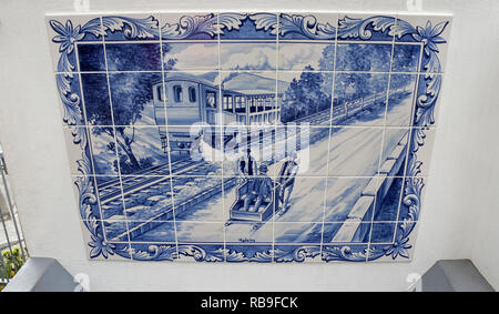 16 November 2018, Portugal, Funchal/Monte: On wall tiles a journey on wooden sledges Monte above Funchal on the Portuguese island Madeira is represented. Photo: Holger Hollemann/dpa Stock Photo