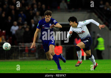 London, UK. 8th January, 2019. Son Heung-min of Tottenham Hotspur (R) battles with Marcus Alonso of Chelsea (L). Carabao Cup semi final, 1st leg match, Tottenham Hotspur v Chelsea at Wembley Stadium in London on Tuesday 8th January 2019 .  this image may only be used for Editorial purposes. Editorial use only, license required for commercial use. No use in betting, games or a single club/league/player publications . pic by Steffan Bowen/Andrew Orchard sports photography/Alamy Live news Stock Photo