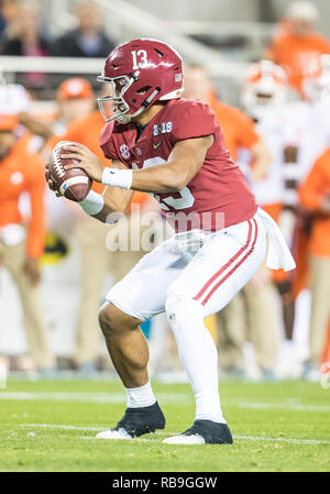 January 07, 2019: Alabama quarterback Tua Tagovailoa (13) during pregame of  College Football Playoff National Championship game action between the  Clemson Tigers and Alabama Crimson Tide at Levi's Stadium in Santa Clara