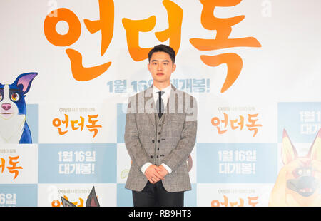 D.O. (Exo), Jan 7, 2019 : A South Korean actor and singer Do Kyung-Soo or D.O. of the boy group Exo, attends a press conference after a press preview of new South Korean animated film 'The Underdog' in Seoul, South Korea. The film tells the story of Moongchi, a pet dog whose adventure on the streets leads him to meet abandoned dogs and it will be released in South Korea on January 16, 2019. D.O. provided the voice for Moongchi. Credit: Lee Jae-Won/AFLO/Alamy Live News Stock Photo