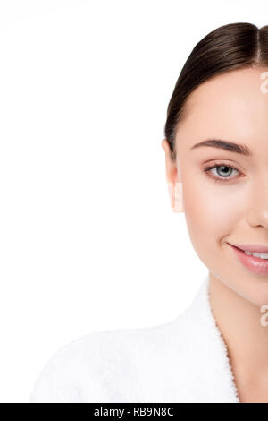 cropped view of beautiful smiling woman in bathrobe isolated on white with copy space Stock Photo