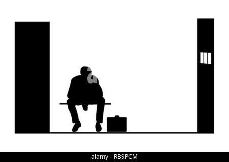 Black silhouette of a man sitting in jail, vector illustration, vector illustration Stock Vector