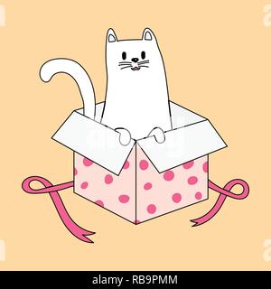 Cat in gift box, Kitten in a cardboard box. is looking out of a box cartoon vector illustration Stock Vector