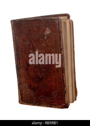 Old, antique book with worn leather cover isolated on white background. Vintage. Stock Photo