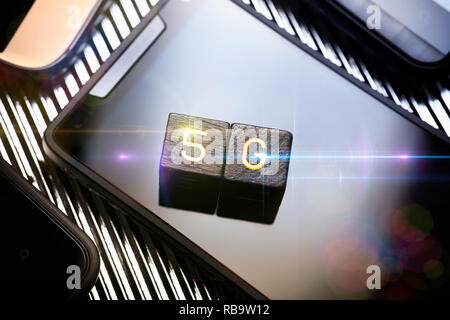 Smartphones, 5G mobile communications standard Stock Photo