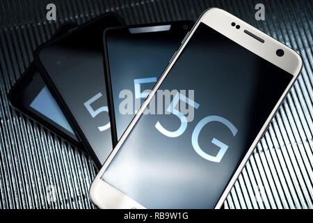 Smartphones, 5G mobile communications standard Stock Photo