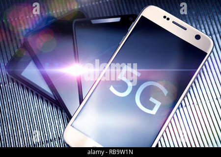 Smartphones, 5G mobile communications standard Stock Photo