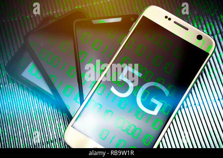 Smartphones, 5G mobile communications standard Stock Photo