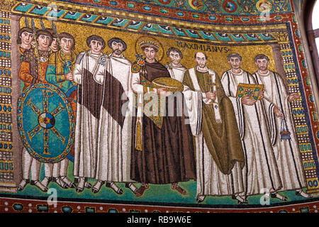 Famous Early Christian Mosaics at San Vitale Church in Ravenna. Portrait of Byzantine king Justinian. Stock Photo