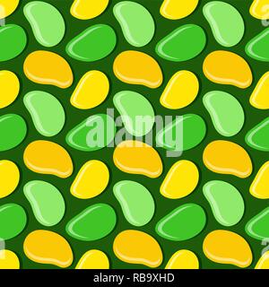 Seamless geometric pattern, mango in flat style on dark green background, stripes abstract template, vector illustration Stock Vector