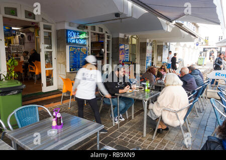 Fish & ships, Restaurant, shop, take-away. Grand Casemates Square, Rock of Gibraltar, Gib, British overseas territory, Uk, Europe. Stock Photo