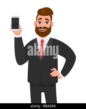Happy businessman holding/showing smartphone in hand and holding hand on hip while standing against white background. Human emotion and body language Stock Vector