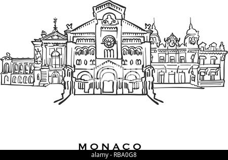 Monaco famous architecture. Outlined vector sketch separated on white background. Architecture drawings of all European capitals. Stock Vector