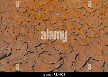 Orange clay cracked up in the desert. Stock Photo