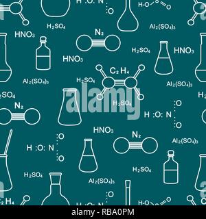 Scientific vector seamless pattern with flasks, beakers, molecule ...