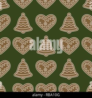 Seamless pattern with gingerbread bells and hearts. Holiday background. Design for banner, poster, textile, print. Stock Vector