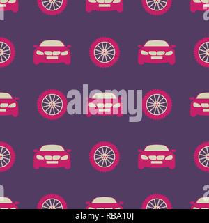 Seamless pattern with cars and wheels. Automotive background. Transport backdrop. Stock Vector