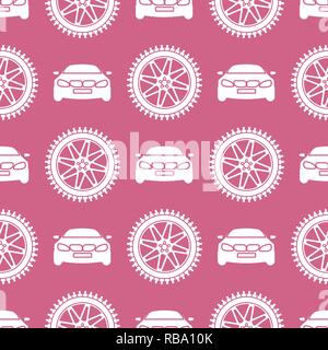 Seamless pattern with cars and wheels. Automotive background. Transport backdrop. Stock Vector