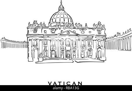 Vatican famous architecture. Outlined vector sketch separated on white background. Architecture drawings of all European capitals. Stock Vector
