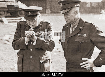 Winston Churchill, left, with General Eisenhower. Dwight David 'Ike' Eisenhower, 1890 – 1969. American army general, statesman and 34th president of the United States of America.  Sir Winston Leonard Spencer-Churchill, 1874 –1965. British politician, statesman, army officer, and writer, who was Prime Minister of the United Kingdom from 1940 to 1945 and again from 1951 to 1955. Stock Photo