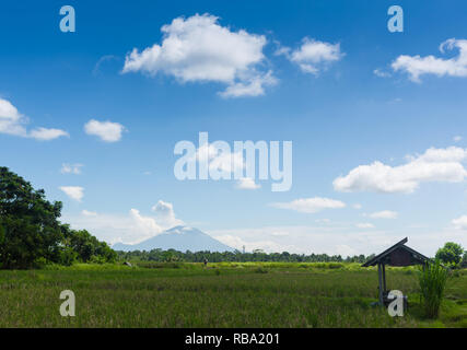 Mayon Volcano is an active stratovolcano in the province of Albay in Bicol Region, on the island of Luzon in the Philippines. Renowned as the perfect cone because of its symmetric conical shape Stock Photo