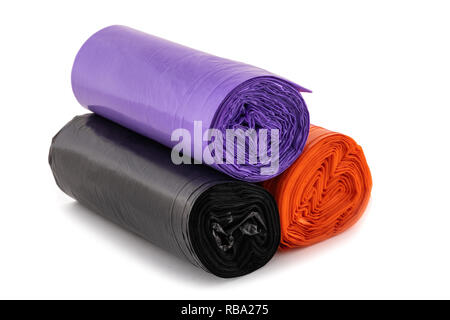 Rolls  of disposable trash bags isolated on white background Stock Photo