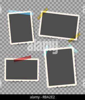 Scrapbook photo pictures. Vintage blank photoframes with stickers isolated on transparent, retro wall photos with sticky pins, vector illustration Stock Vector
