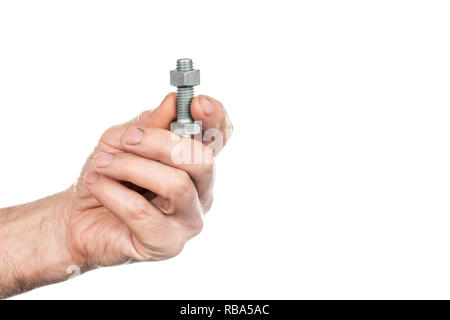 Bolt and nut in male workers hands isolated on white background Stock Photo