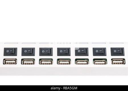 row of sockets for usb with switches isolated on white background Stock Photo