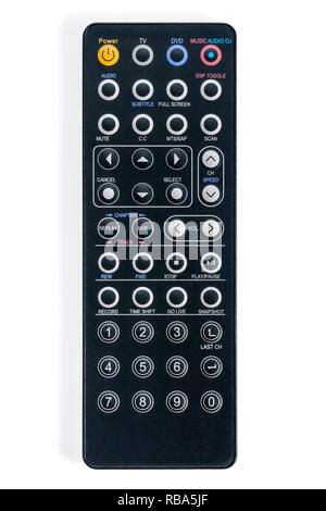 Black remote control tv and media center isolated on white background Stock Photo