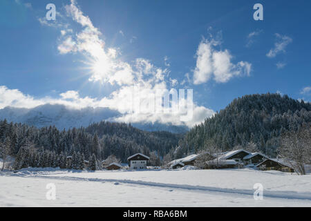 Winter landscape with Wetterstein mountain and sun, Elmau, Garmisch-Partenkirchen, Upper Bavaria, Bavaria, Germany, European Alps Stock Photo