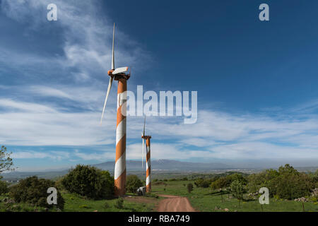 Bnei Rasan Wind turbines near kibbutz Ein Zivan in Golan Heights. Israel Stock Photo