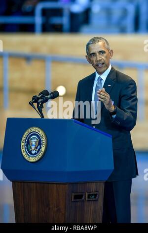 President Barack Obama gives his remarks during his Armed Forces Honor Farewell Review, at Conmy Hall, Joint Base Myer-Henderson Hall, Va., Jan. 4, 2016. Stock Photo