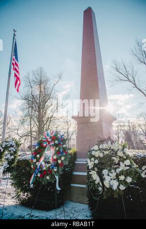 A wreath provided by the White House on behalf of President Barack Obama sits on display at the grave of Prewident Millard Fillmore, Forest Lawn Cemetery, Buffalo, N.Y., Jan. 6, 2017. Col. Gary R. Charlton, vice commander of the 107th Airlift Wing, Niagara Falls Air Reserve Station, presented the wreath at a ceremony held by the University at Buffalo, a school which Fillmore was one of the founders. Stock Photo