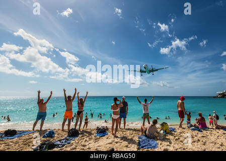 Maho beach, Saint Martin - December 17, 2018: A commercial jet